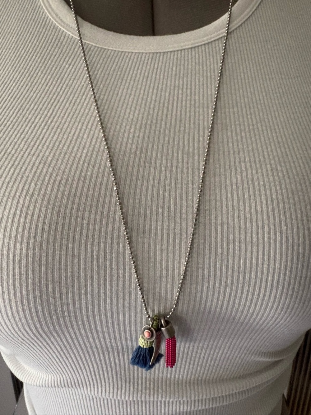 American Eagle Outfitters Silver-Tone Necklace with Navy and Pink Tassels